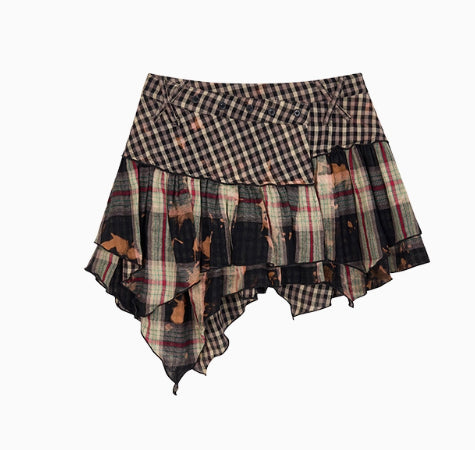 Washed Distressed Plaid Shirt & Skirt Set