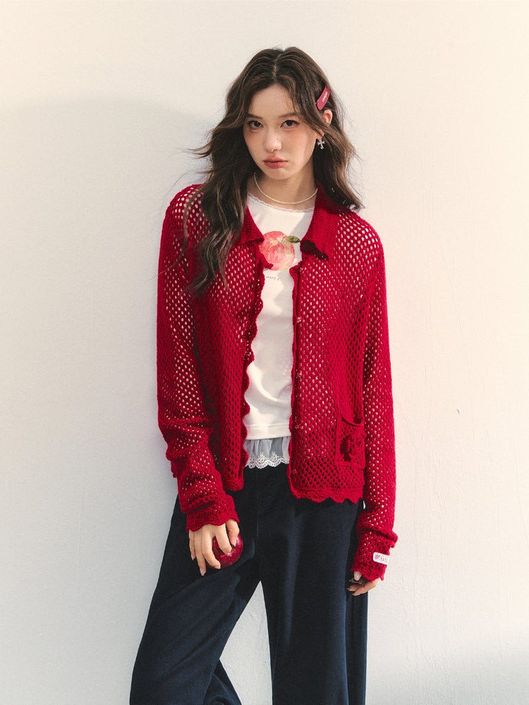 Hollow-out 3D Flower Crochet Lapel Cardigan