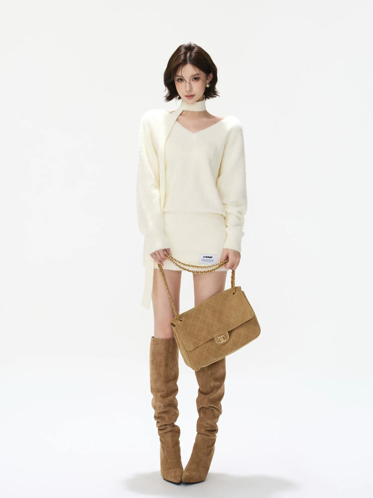 Convertible V Neck Fuzzy Knit Sweater