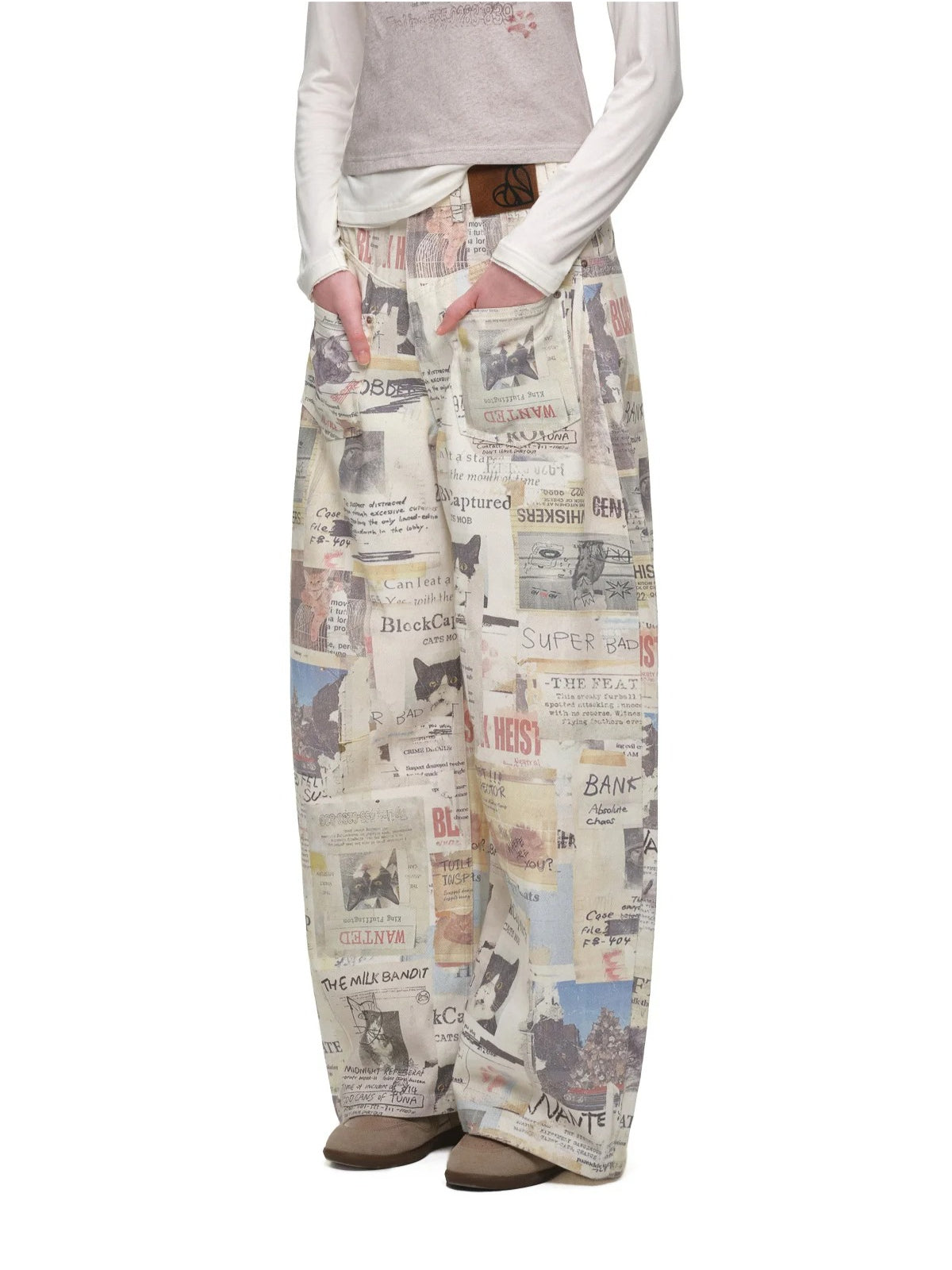 Cat Newspaper Print Canvas Pants