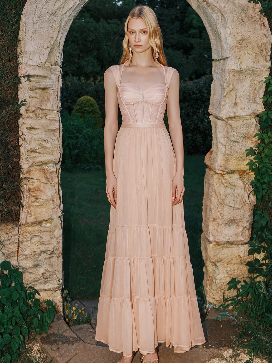 Tia Beaded Crochet Pleated Mesh Halter Dress