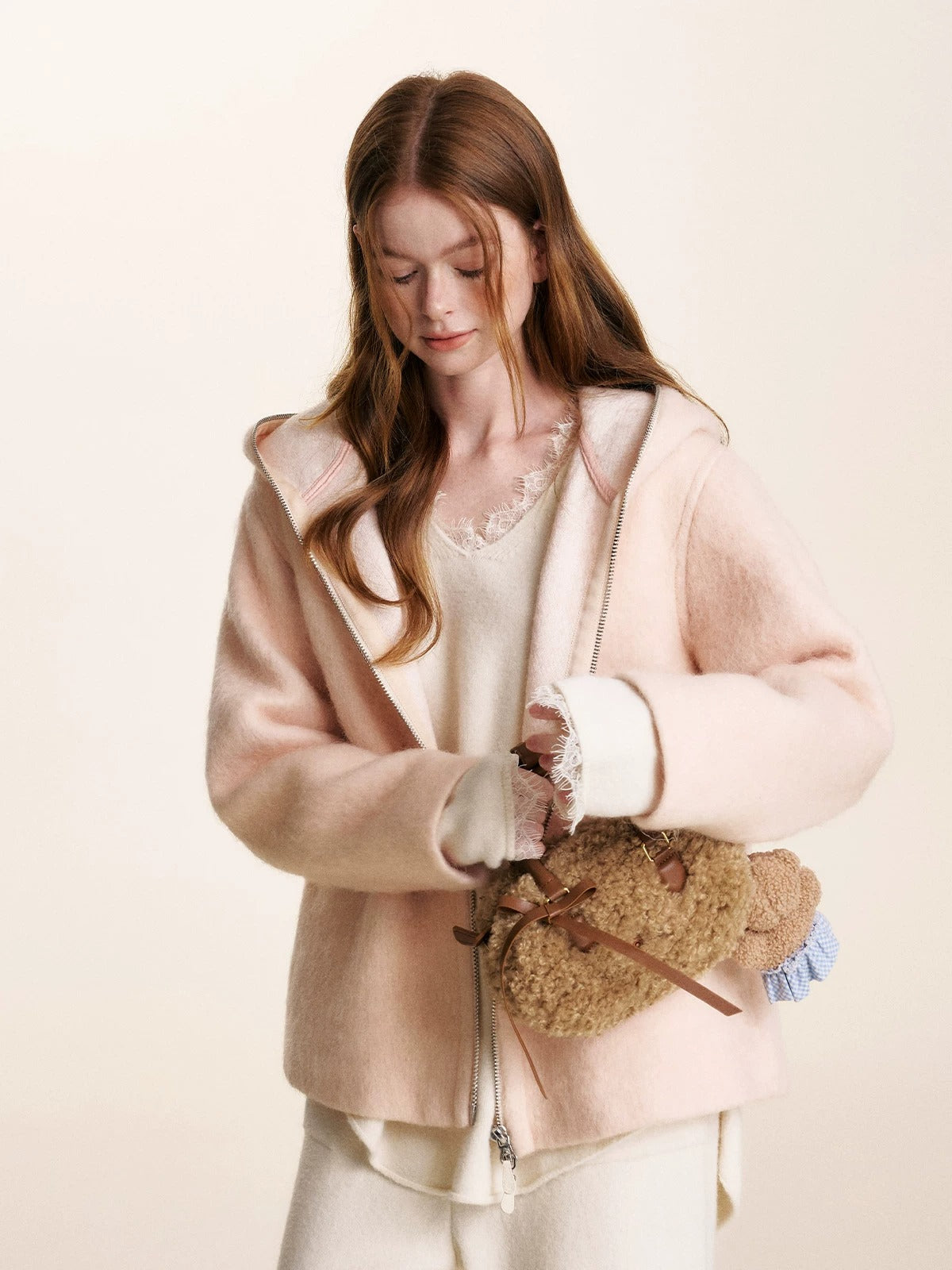 Peach Hooded Zip Coat