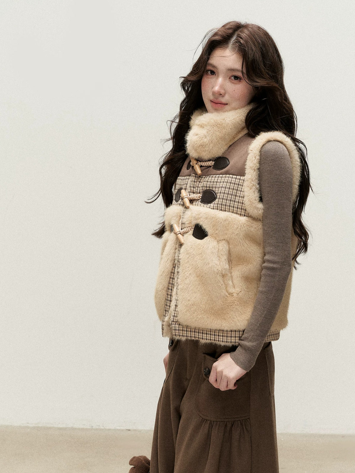 Vintage Toggle Plaid Faux Fur Vest