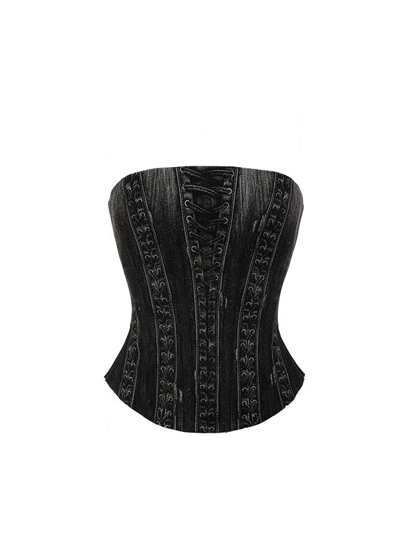 Denim Blue & Black Printed Fishtail Corset