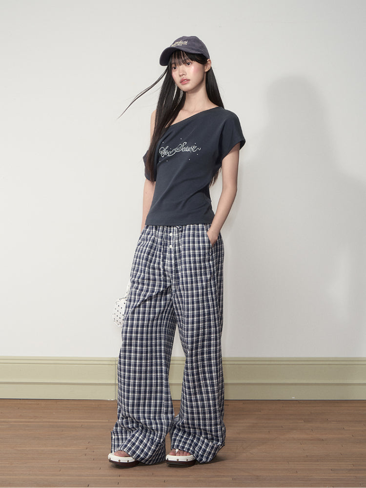 Flapped Loose Navy Checkered Pants