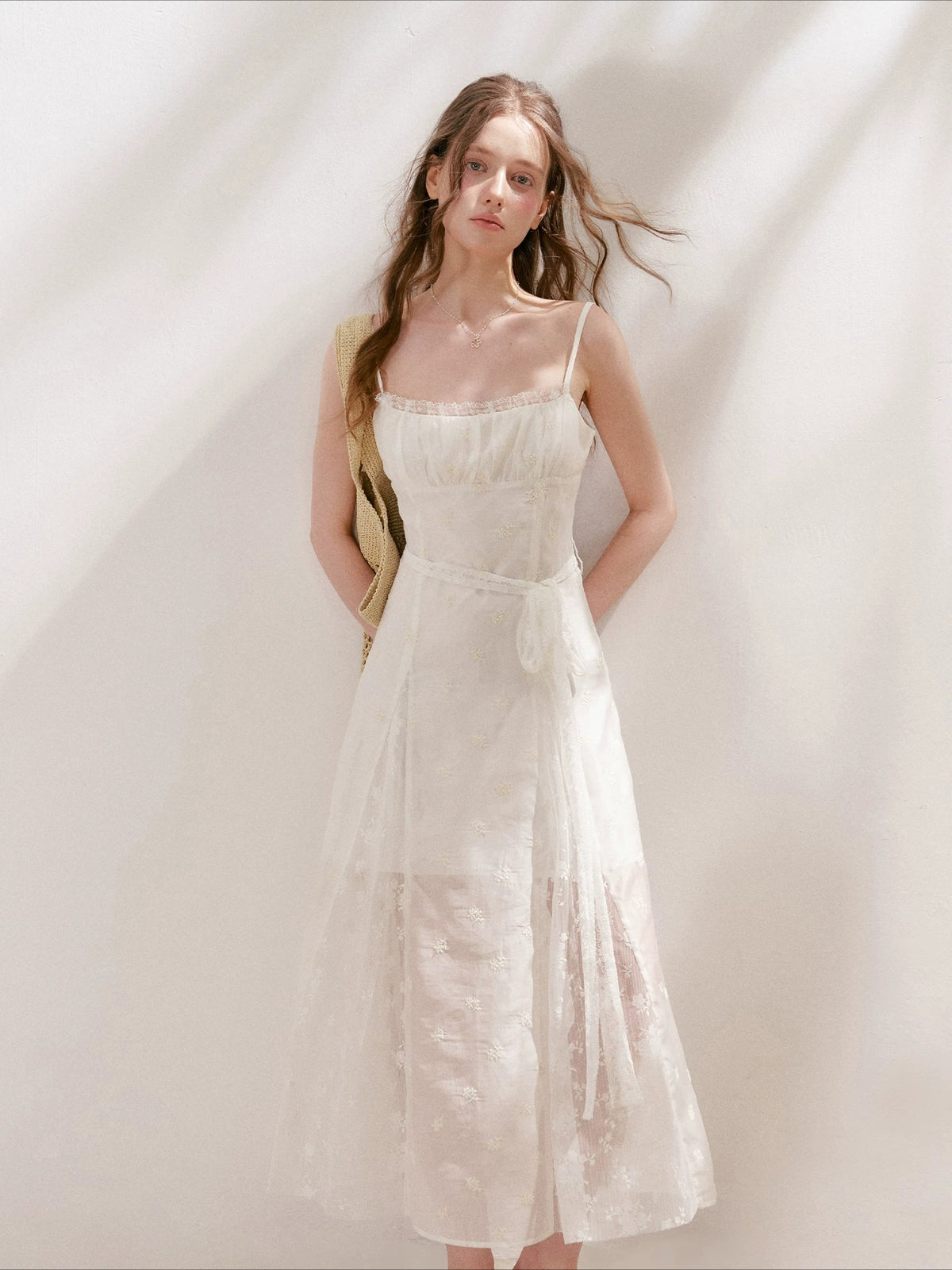 Apricot Embroidered Lace Midi Dress