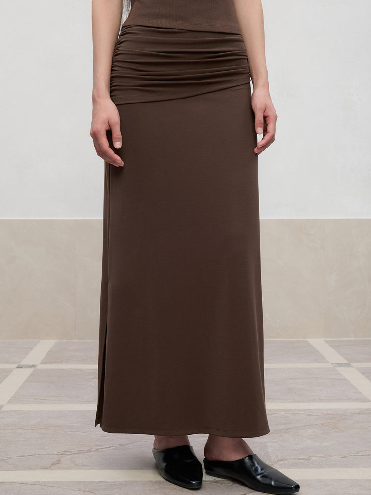 Lyocell Pleated Mid-Low Waist Midi Skirt