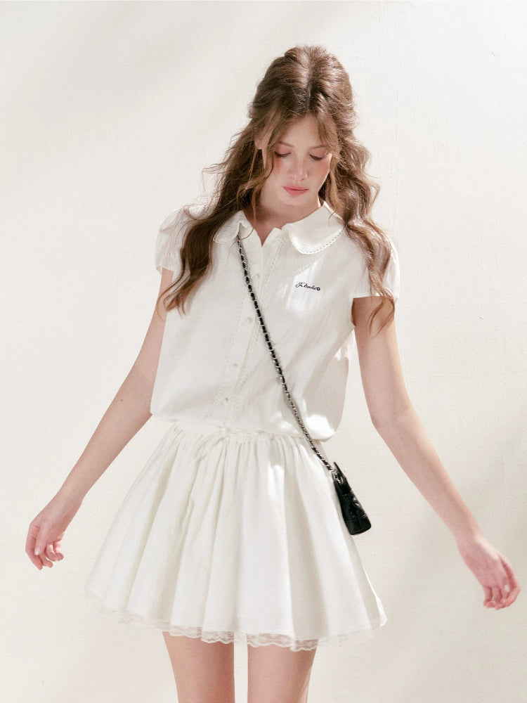 Lace-Paneled Collared Shirt Dress