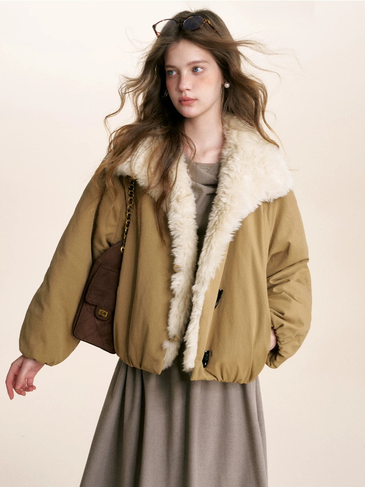 Khaki Shearling Collar Parka Jacket
