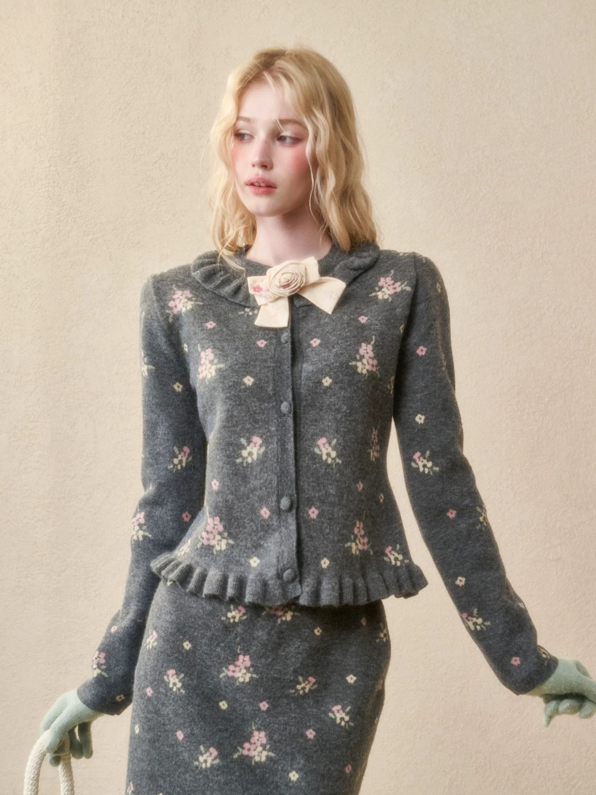 Floral Knit Cardigan & Skirt Set
