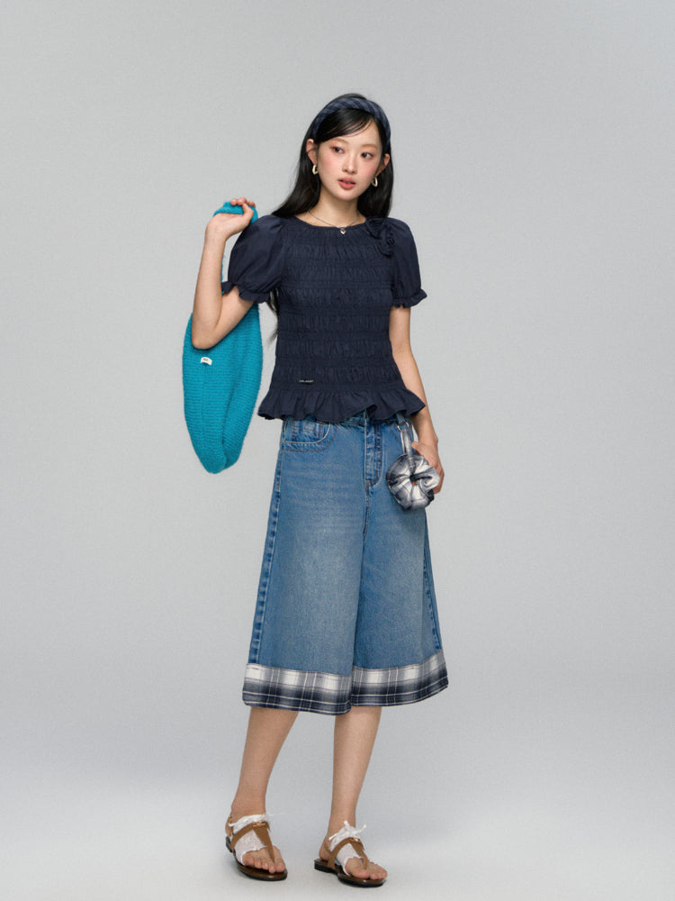 Three-Dimensional Flower Pleated Short-Sleeve Blouse