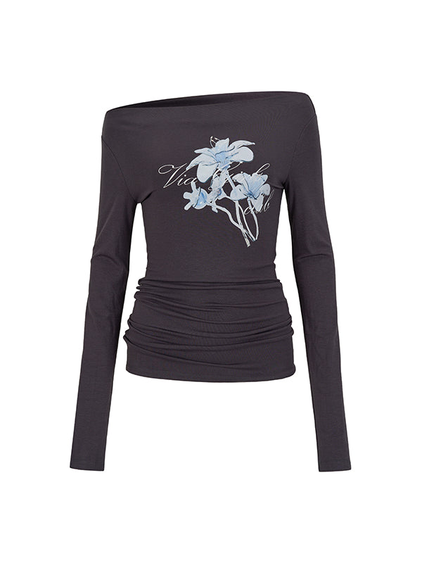 White & Navy Off-Shoulder Printed Blouse