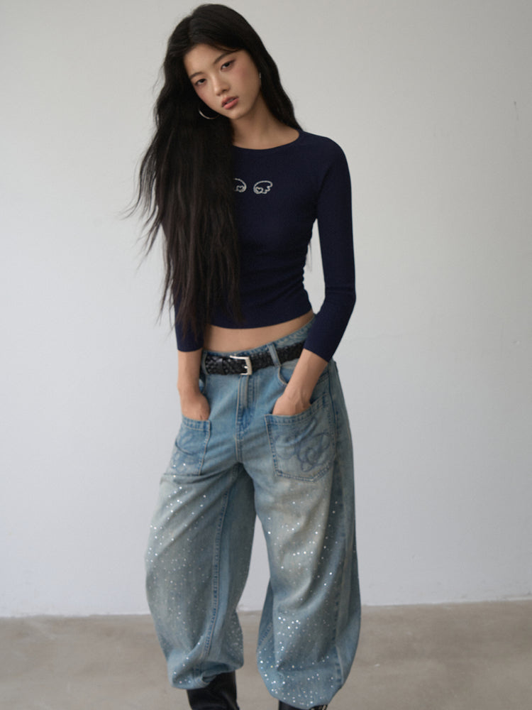 Rhinestone Heart Wings Slim Long-sleeved T-shirt