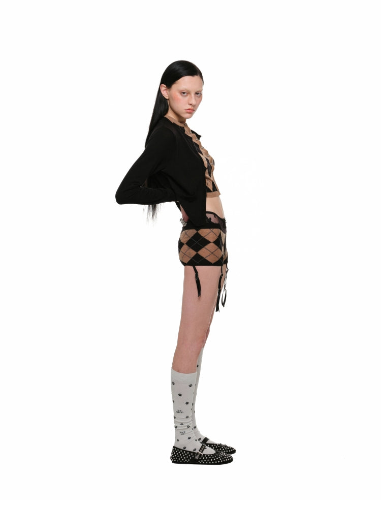 Diamond Pattern Fake Two-Piece Cardigan & Pant Set