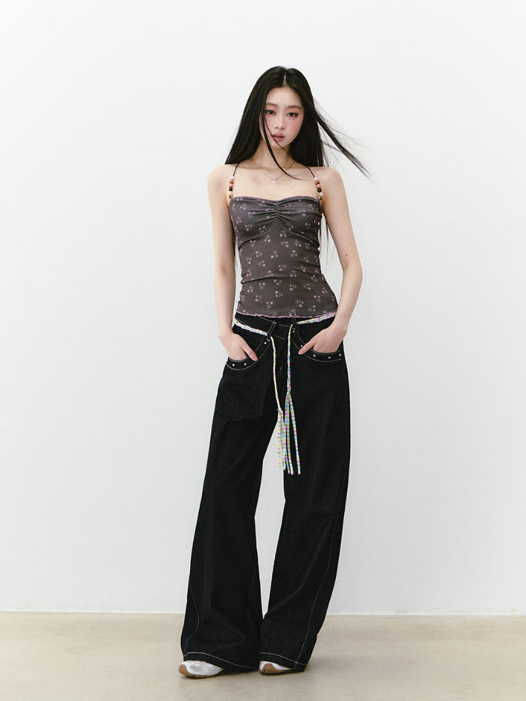 Irregular Waist Original Color Wide-Leg Denim Pants