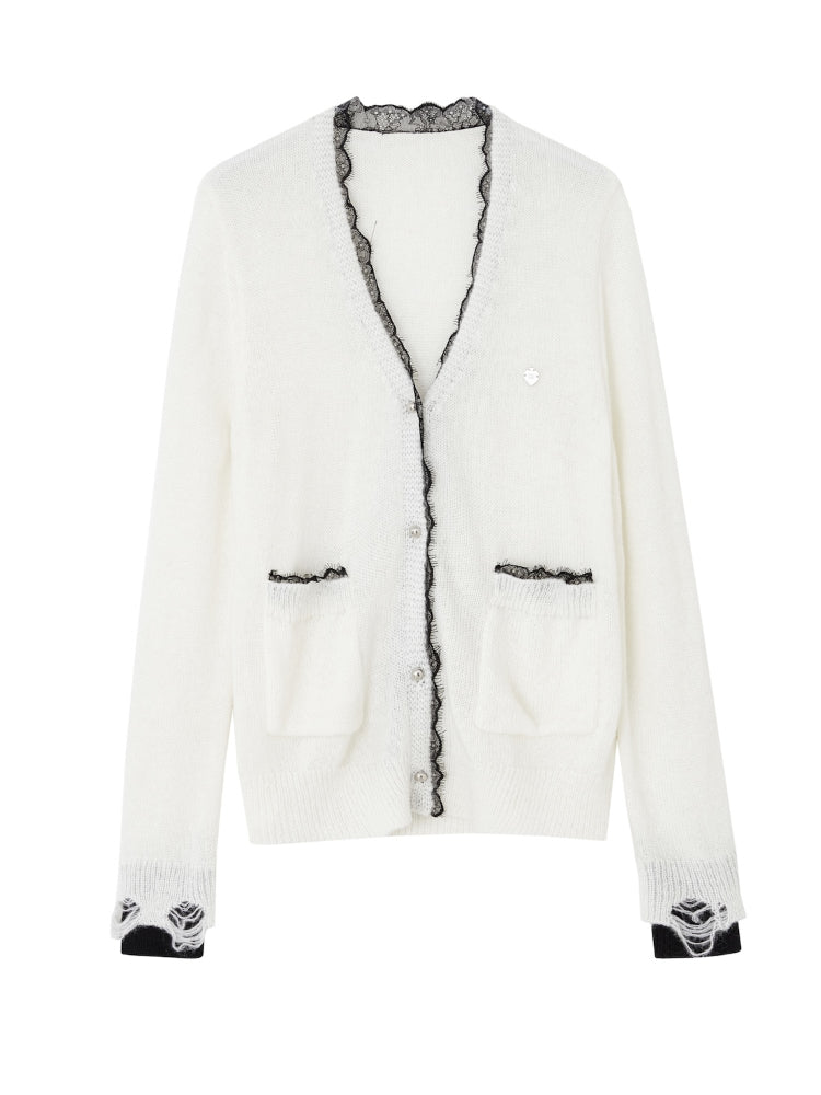 Color-Blocked Lace Trim Cardigan