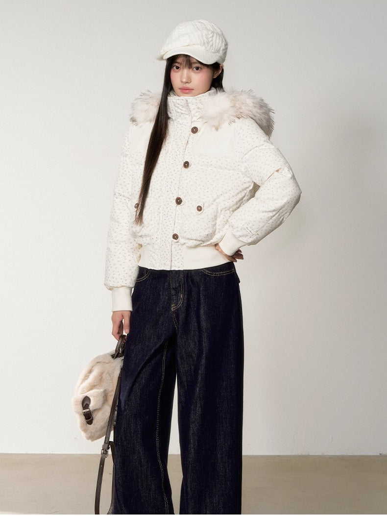 Faux Fur Collar Plaid Down Jacket