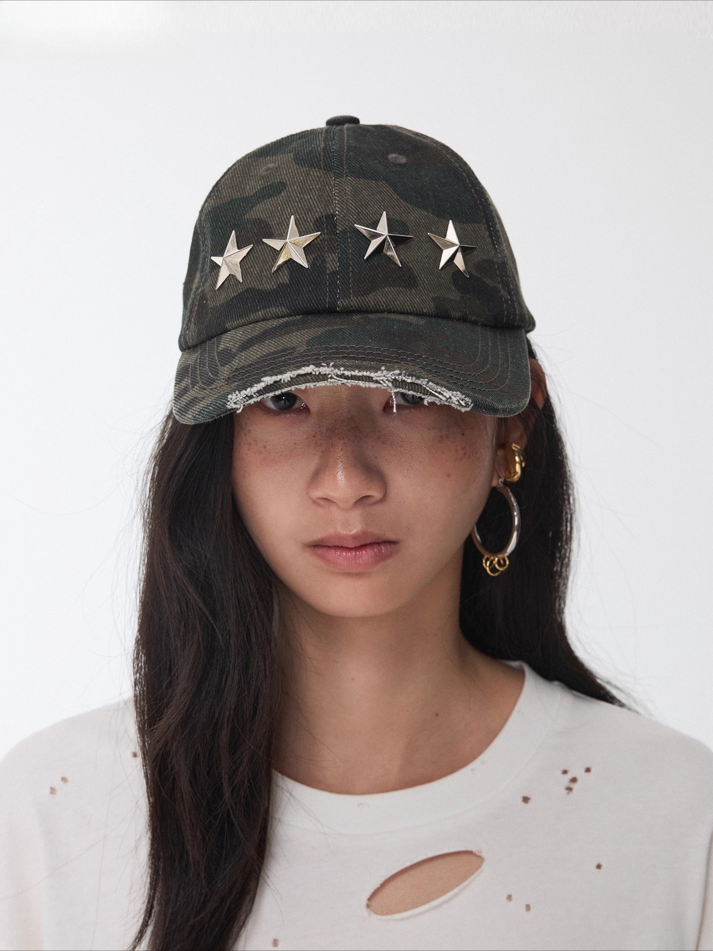 Distressed Star Studded Camouflage Baseball Cap