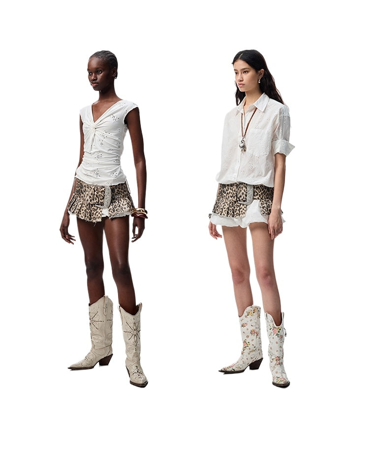 Leopard-Print Washed Canvas Pleated Waistband