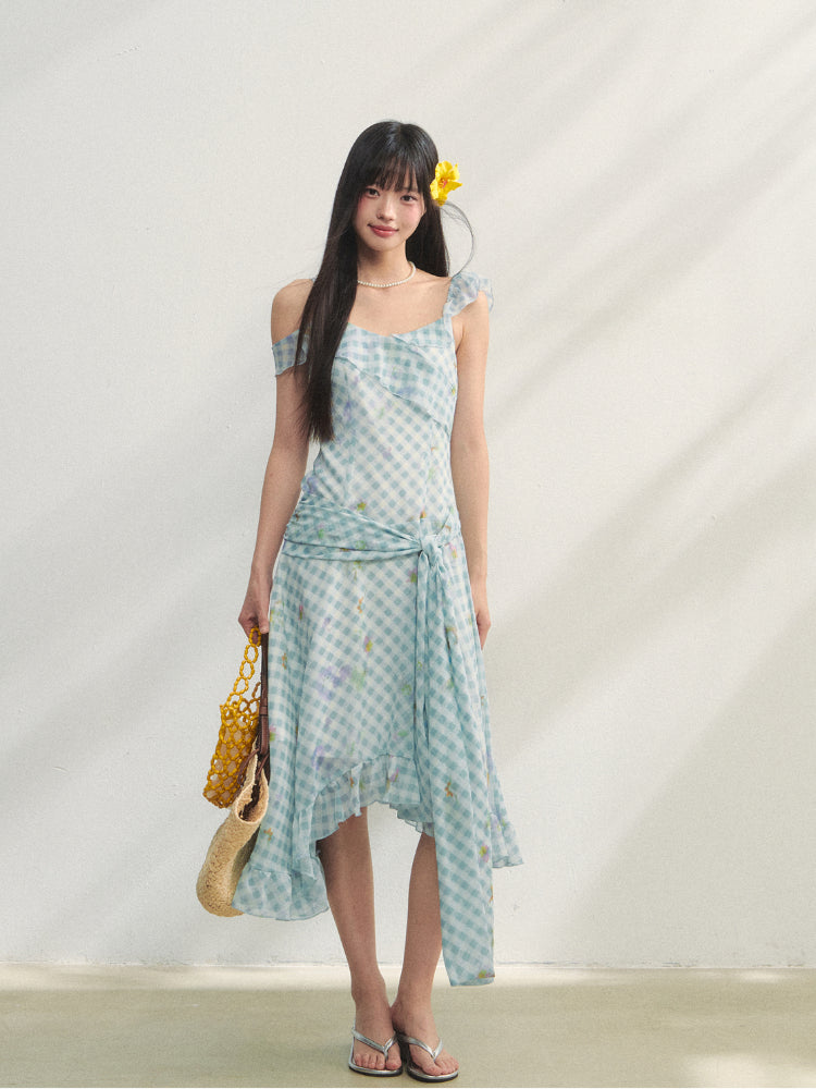 Checkered Print Asymmetrical Slip Dress