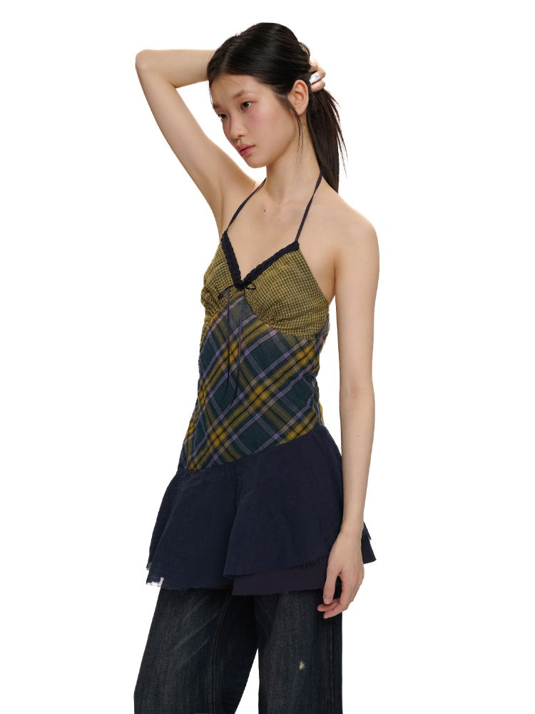 Vintage Double-Layer Cotton Plaid Cami Dress