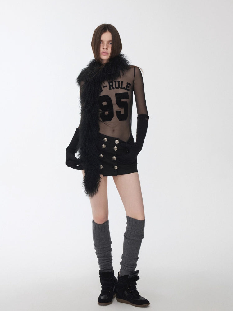 Flocked Mesh Sporty Turtleneck Top