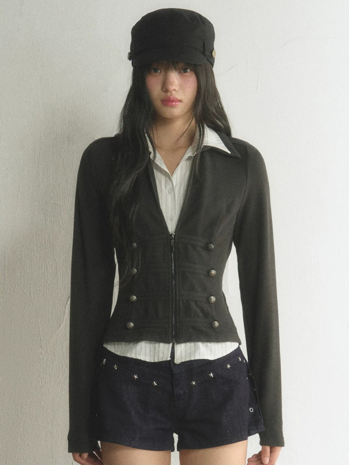 Vintage Double-Breasted Layered Cropped Jacket