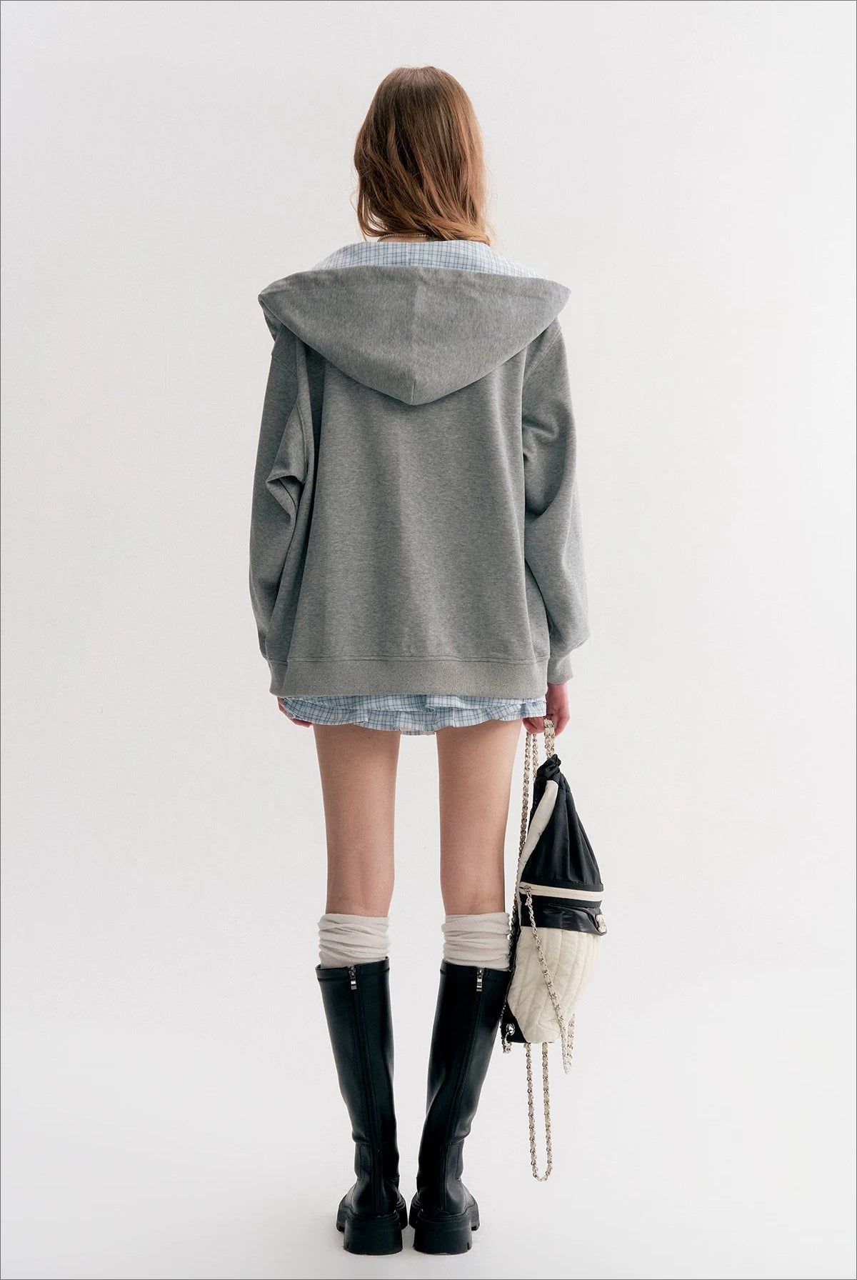 Gray Plaid Hoodie Three-Piece Set