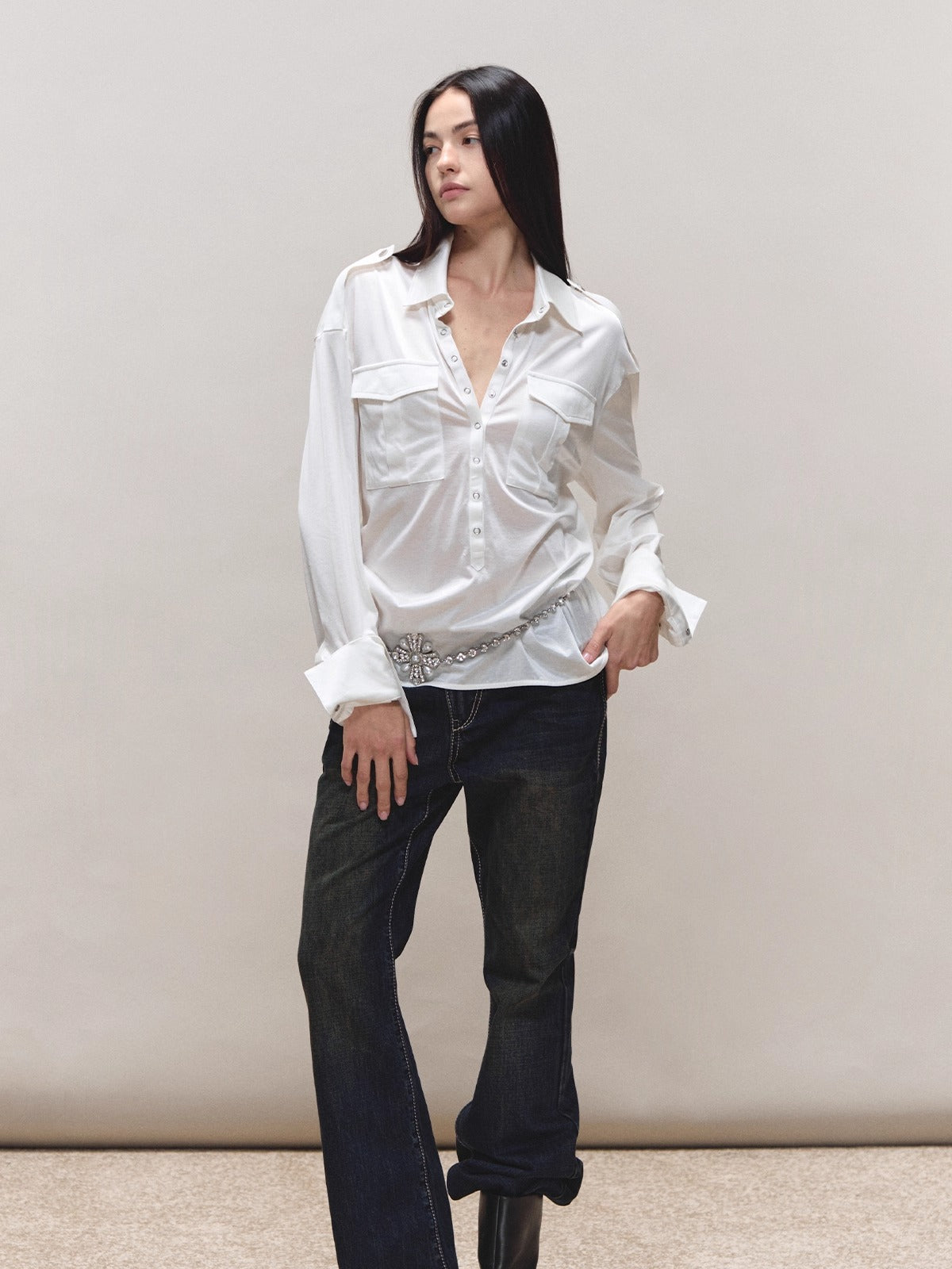 Satin-Sheen Knit Utility Shirt