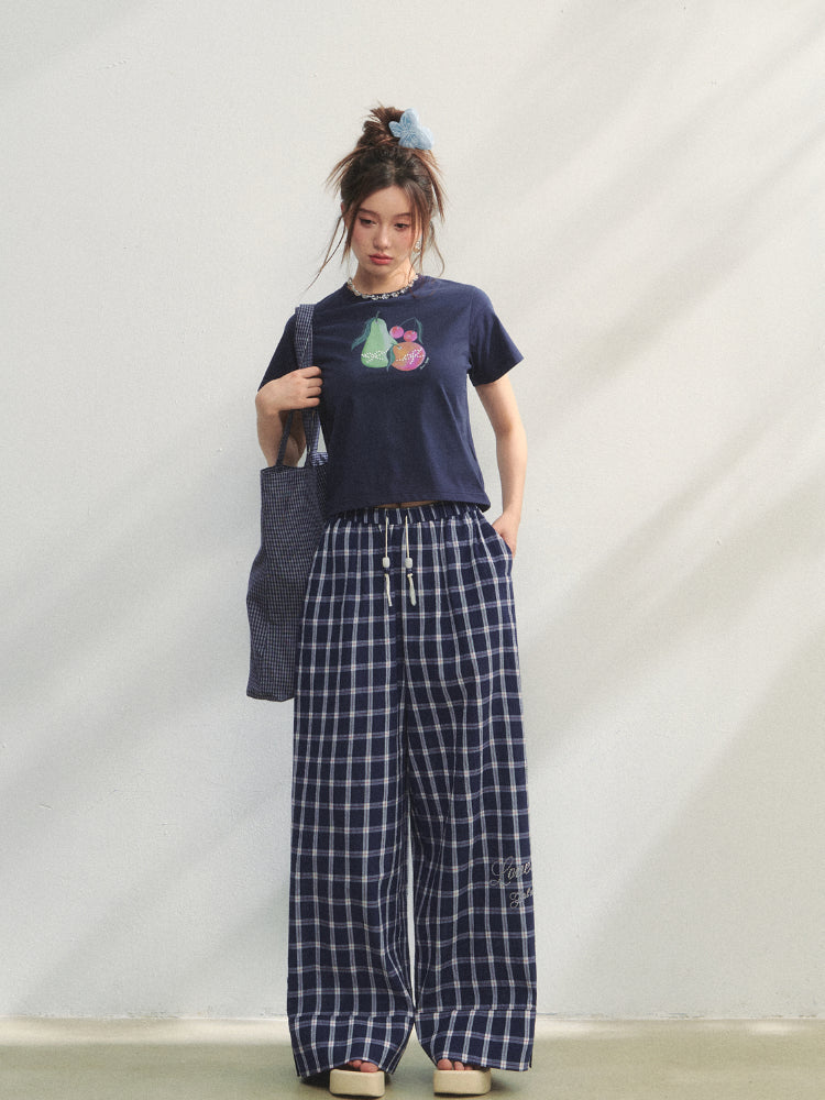 Checkered Strappy Rhinestone Turn-Up Straight-Leg Pants