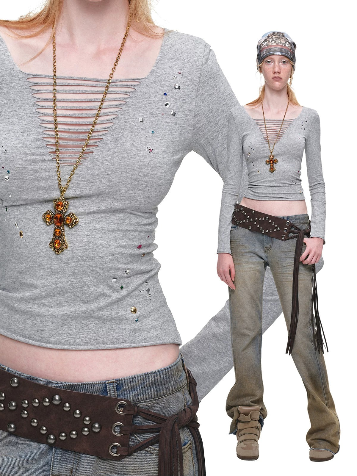 Rhinestone Cutout V-Neck Long Sleeve Top
