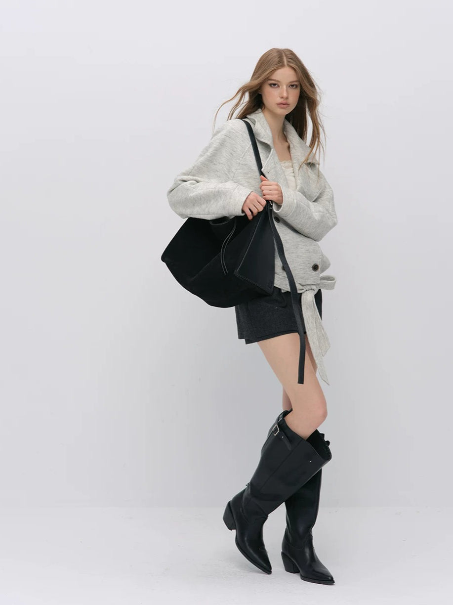 Cropped Wool-Blend Wrap Coat