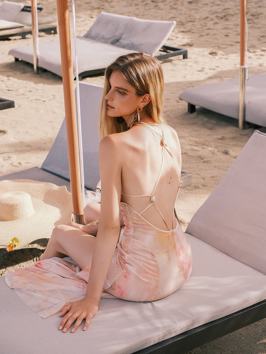 Net Fabric Halter Neck Backless High Slit Floral Print Dress