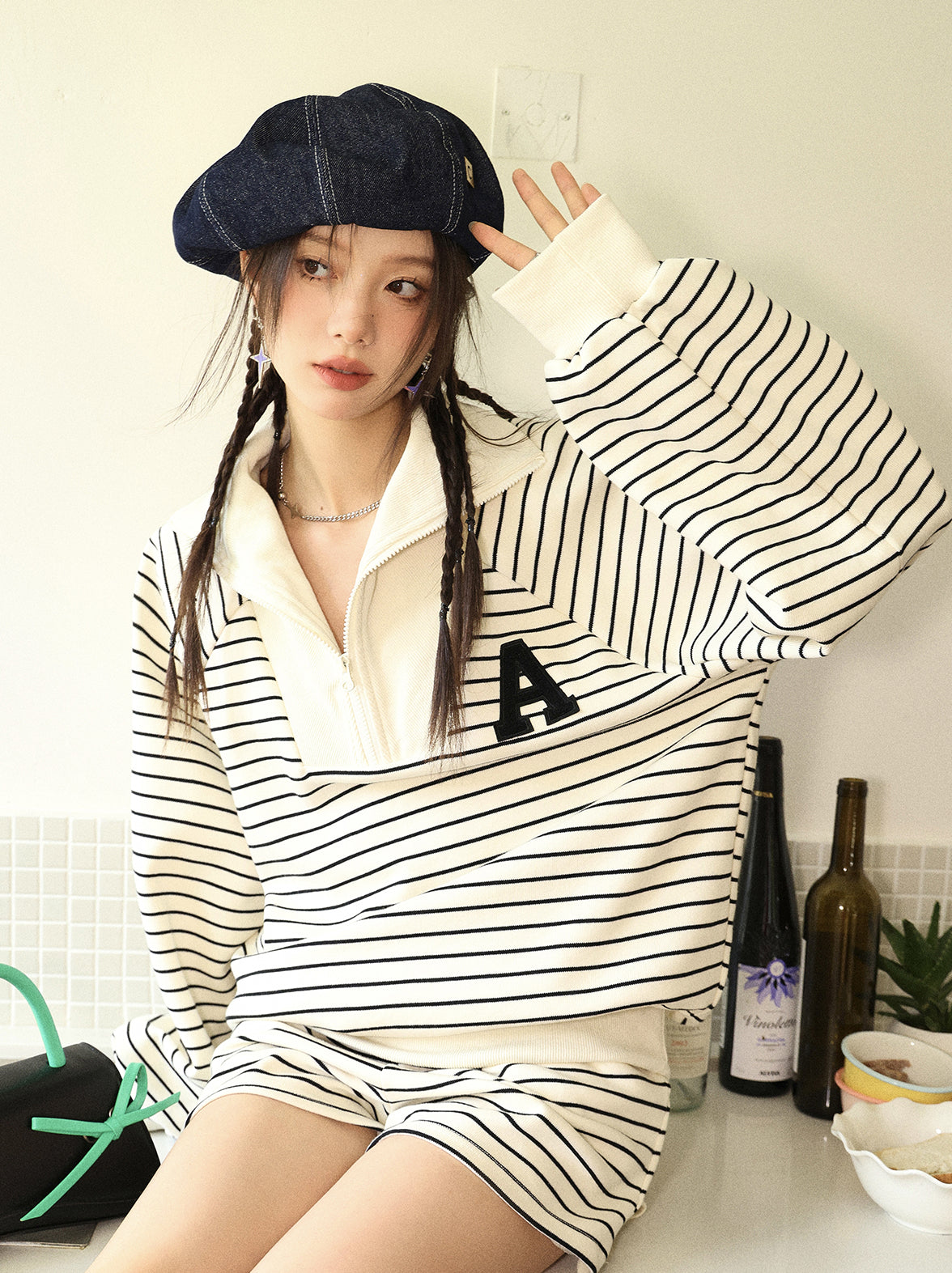 Striped Embroidered Sweatshirt & Shorts Set