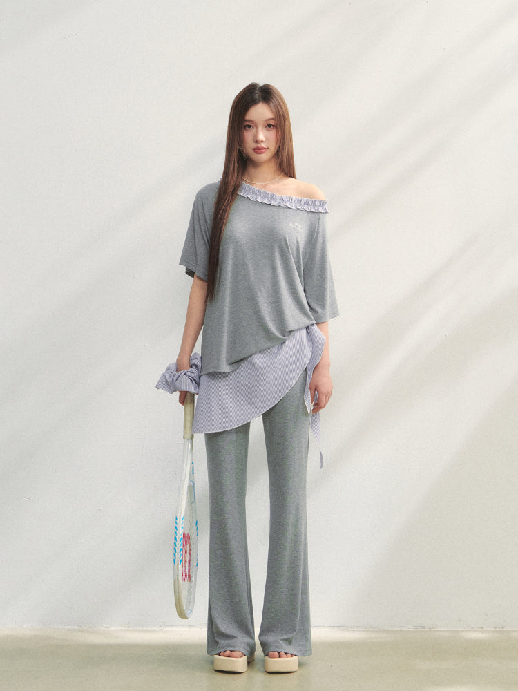 Checkered Asymmetric Shoulder Short-Sleeve T-Shirt & Pants Set