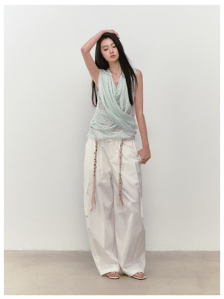 Wide-Leg Beaded Cargo Large Pockets Pants