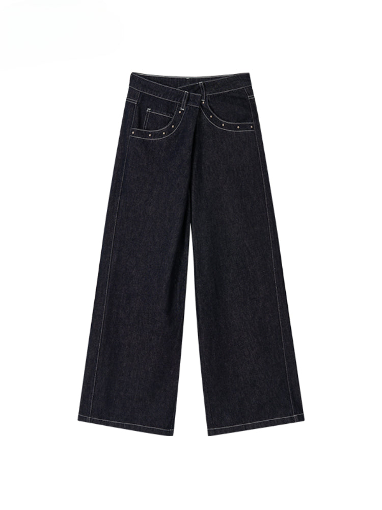 Irregular Waist Original Color Wide-Leg Denim Pants