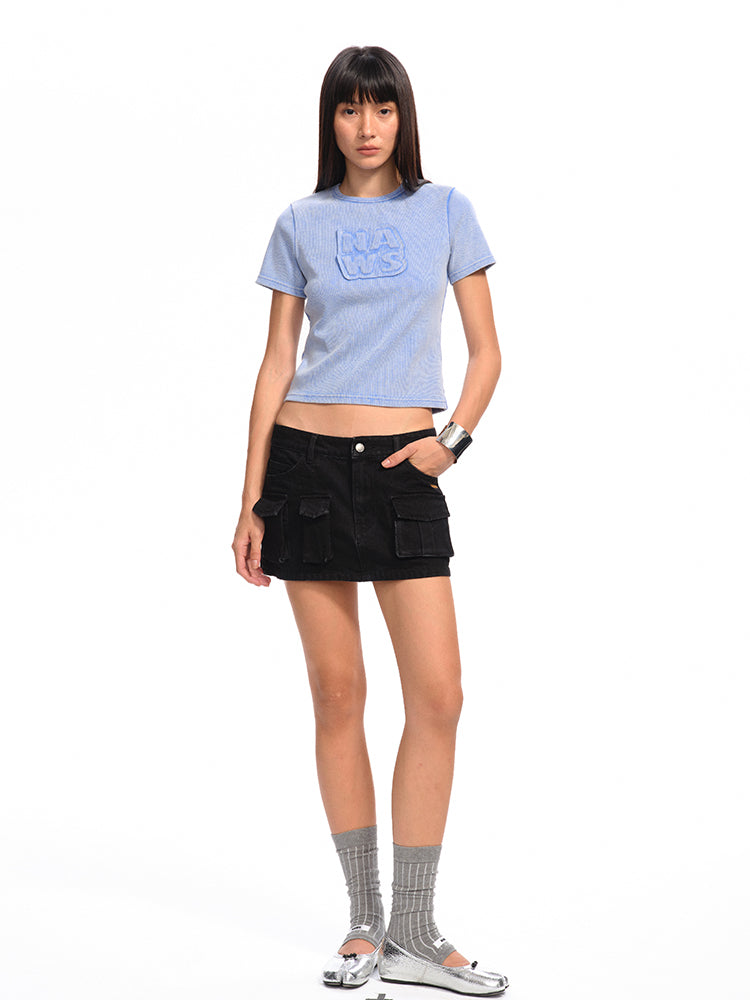 Asymmetrical Low - Rise Straight - Cut Denim Mini Skirt