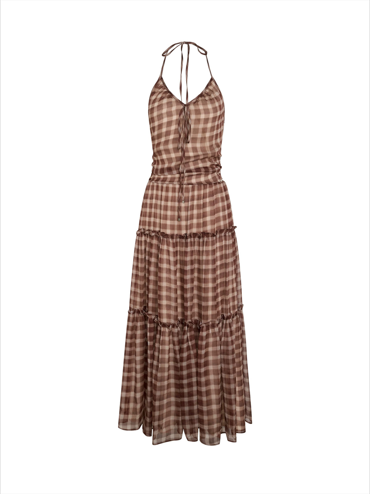 Vintage Brown Plaid Halter Maxi Dress
