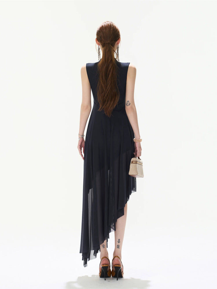 Navy Asymmetric Mock Neck Dress