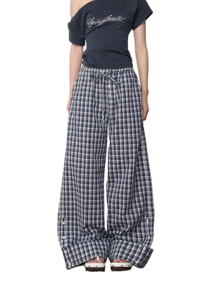 Flapped Loose Navy Checkered Pants