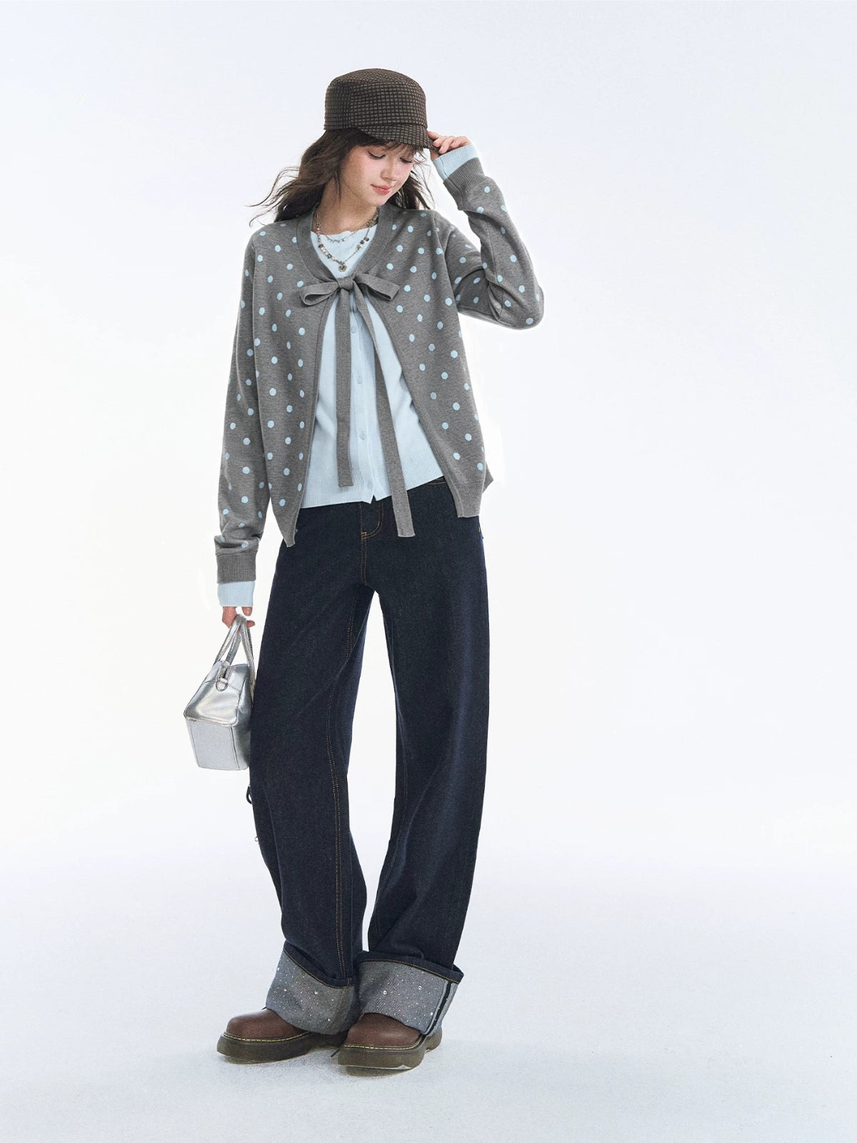 Polka Dot Bow Tie Knit Cardigan
