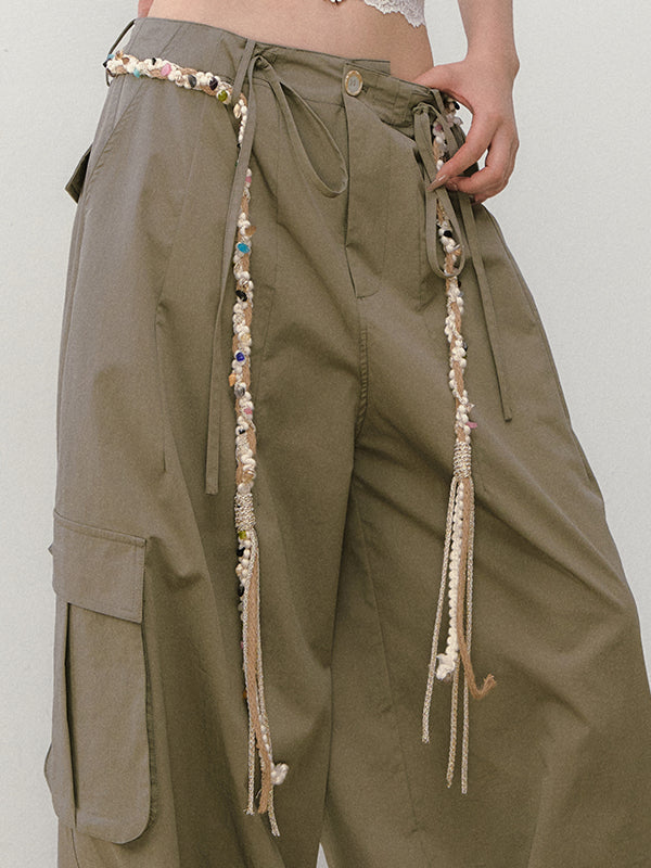 Wide-Leg Beaded Cargo Large Pockets Pants