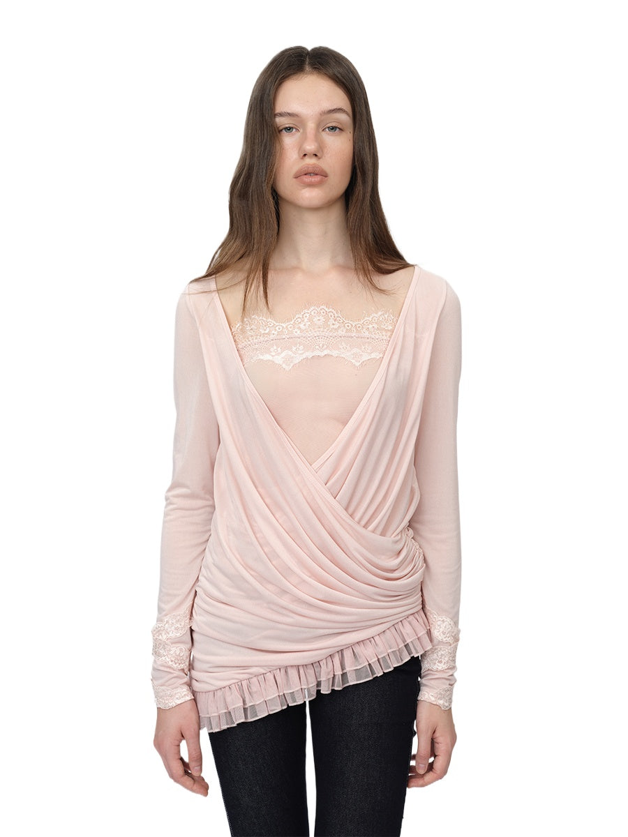 Pink Paneled Ruched Mock-Two-Piece Blouse