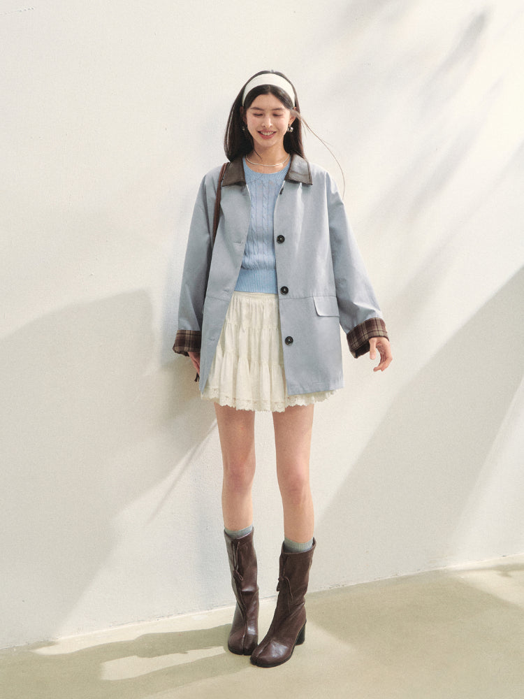 Plaid Patchwork Color-Block Trench Coat