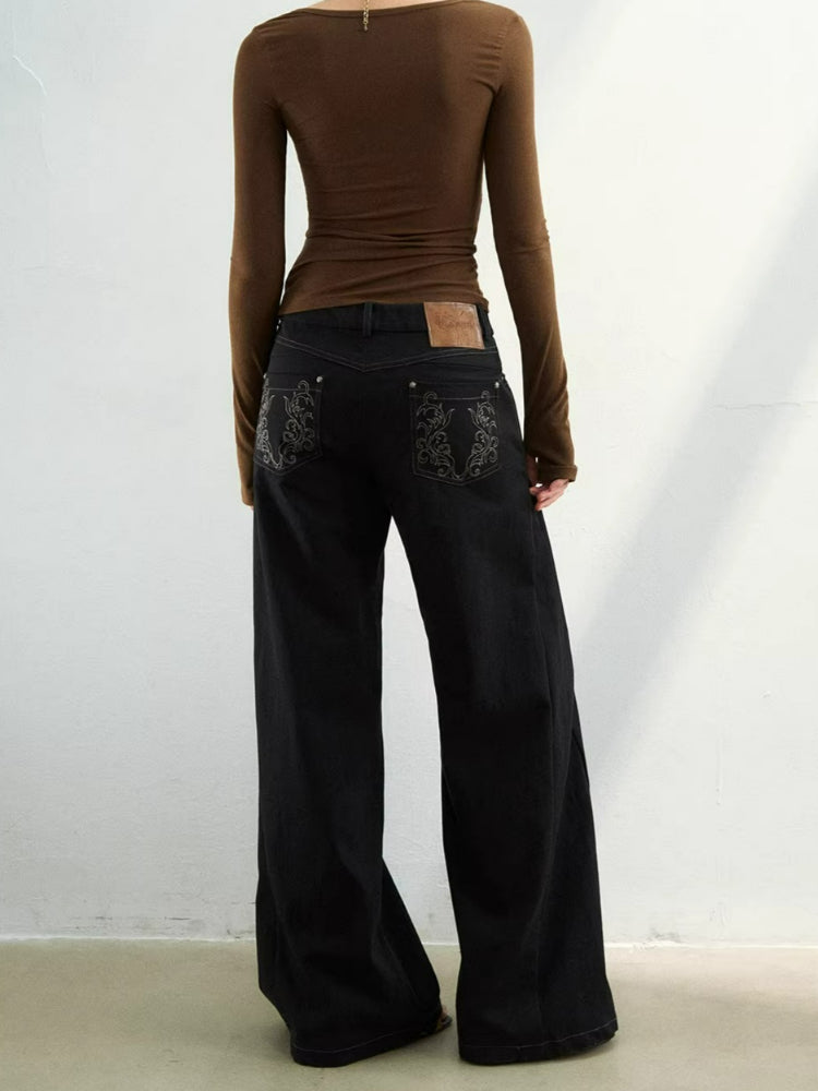 Wave Embroidered Wide-Leg Pants