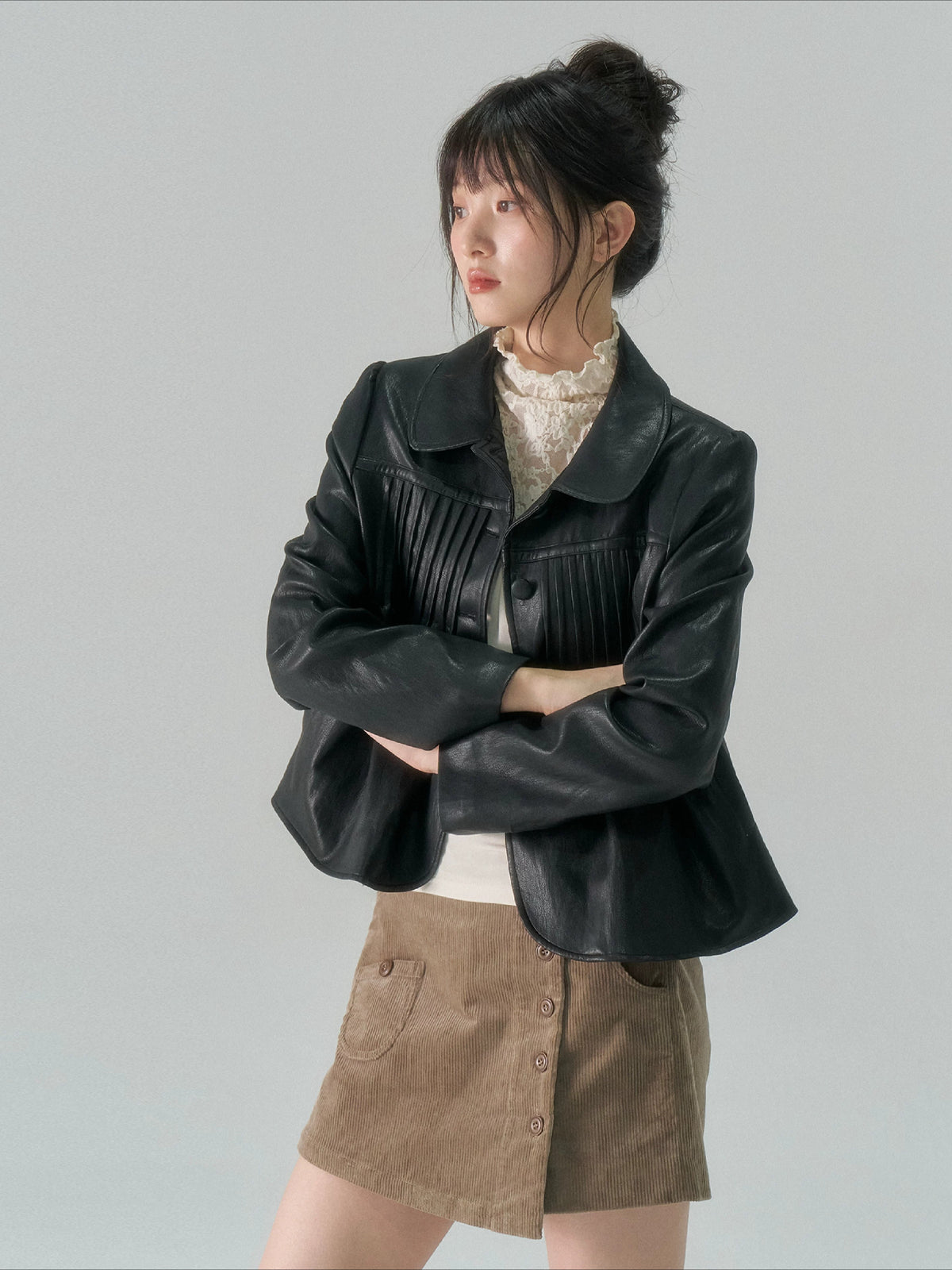 Pleated Curved-Hem Leather Jacket