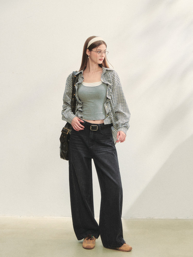 Checkered Contrast Hem Drawstring Pleated Shirt