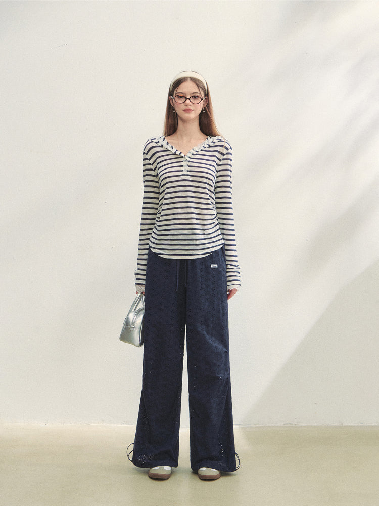 Striped Color-block Lace Spliced T-Shirt