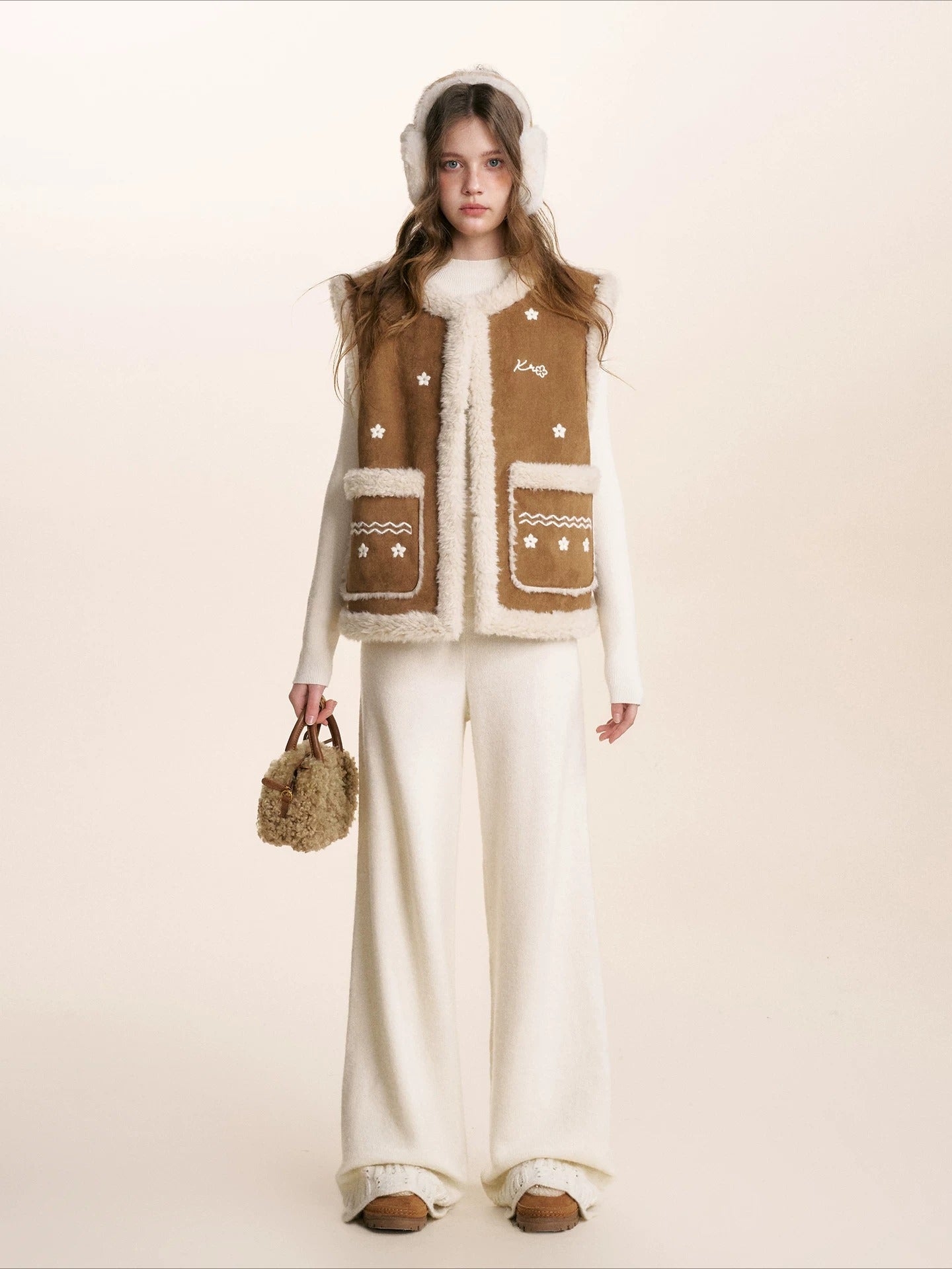Brown Floral Shearling Vest